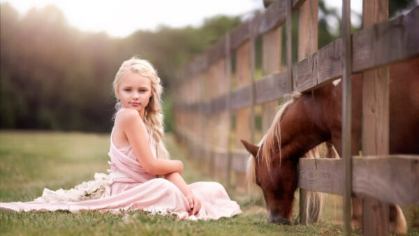 Wallpaper Background, Girl, Little, Green, Hair, White, Cute, Blur, Wearing, Dress, Sitting, Light, Grass, Pink