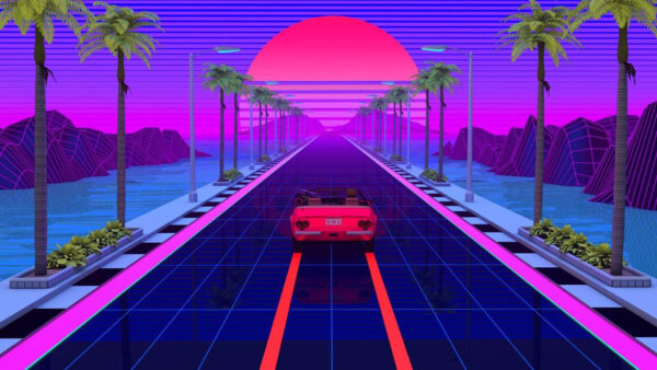 Wallpaper Pink, Trees, Lights, Blue, Car, Palm, Synthwave, Sky, Moon, Background, Dark