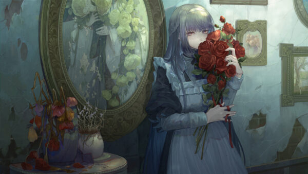 Wallpaper Anime, Roses, Cute, Standing, Mirror, Red, With, Girl, Near