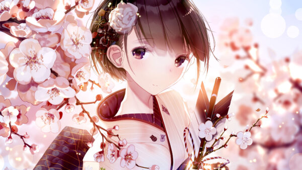 Wallpaper Girl, Blossom, Flowers, Glance, Anime, Kimono