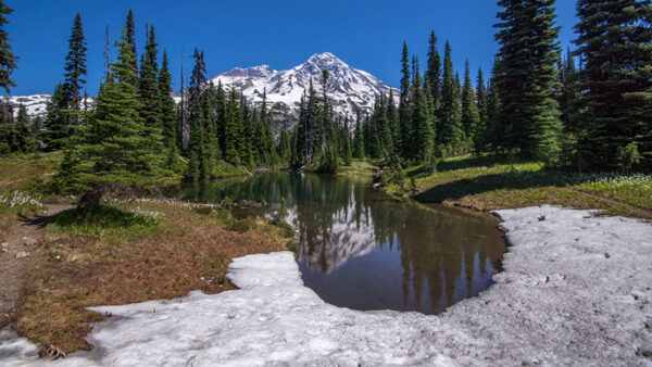 Wallpaper Covered, Rock, Lake, View, Blue, Nature, Mountains, Trees, Green, Landscape, Snow, Sky, Reflection, Background