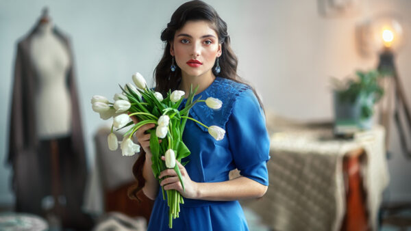 Wallpaper Tulip, Girl, Background, Girls, Standing, Blur, Dress, White, Wearing, Flowers, Model, Blue, With