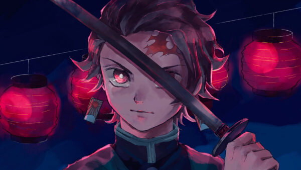 Wallpaper Anime, Desktop, Demon, With, Sword, Background, Red, Lights, Tanjirou, Kamado, Slayer, Hanging, And, Black