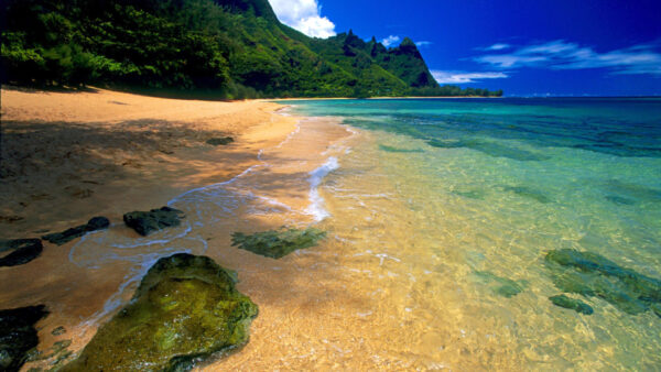 Wallpaper Sky, Green, Blue, Mountains, Covered, Desktop, Beach, Under, Sand, Water, Front