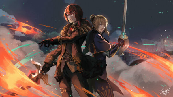 Wallpaper Genshin, Diluc, Impact, With, And, Sword, Jean