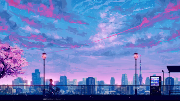 Wallpaper Lights, City, Anime, Background, Buildings