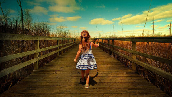 Wallpaper Dress, White, Cute, Girl, Wearing, Blue, Wood, Dock, Walking, Little