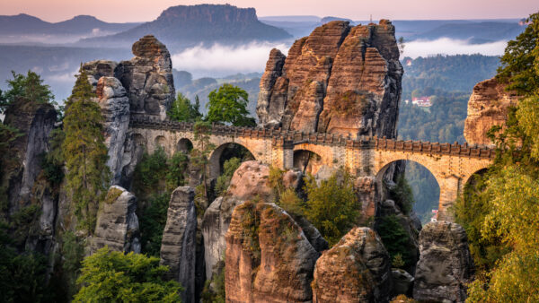 Wallpaper Fog, Trees, Nature, Mountains, Desktop, Landscape, Mobile, View, Between, Rocks, Bridge