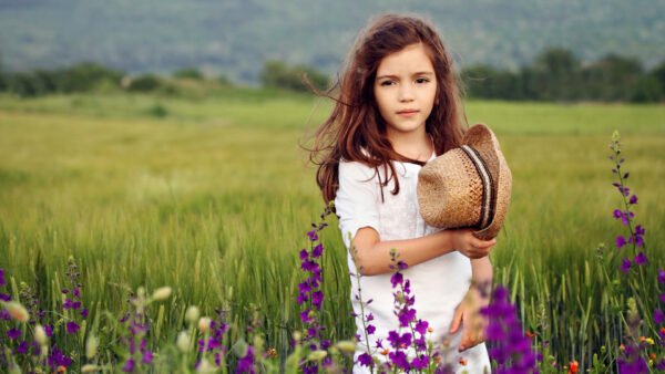 Wallpaper Cute, Field, Grass, Dress, Wearing, White, Girl, Background, Green, Standing, Little