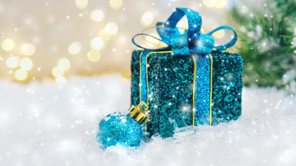 Wallpaper Mobile, Desktop, Glitter, Blue, Box, Gift, Lights, Decoration, Christmas, Background, Ball, Bokeh