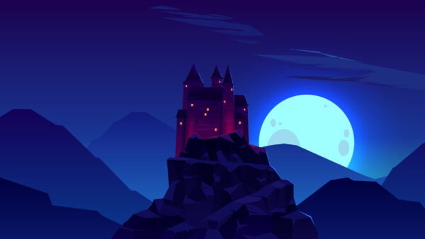 Wallpaper Moon, Castle, Fantasy, Mountains, Minimalist, Design