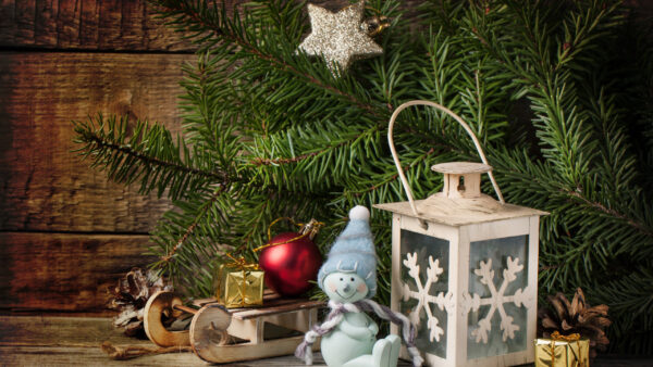 Wallpaper With, Christmas, Tree, Snowman, Decoration, Desktop, And, Lantern