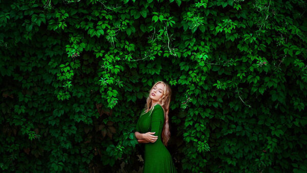 Wallpaper Leaves, Closed, Standing, Green, Eyes, Nature, Background, Girl, Plants