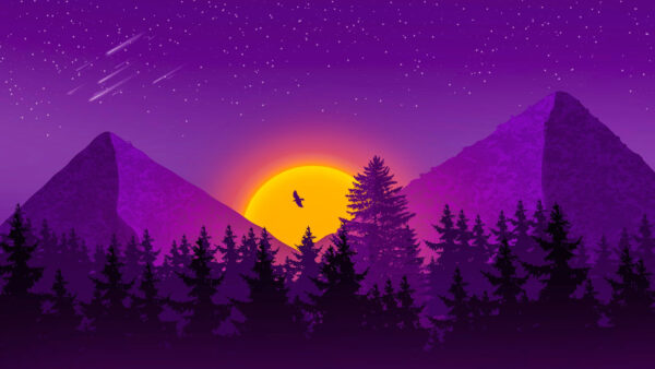 Wallpaper Bird, Vaporwave, Forest, Starry, Mountains, Purple, Artistic, Trees, Sky, Moon