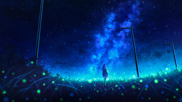 Wallpaper Sky, Girl, Anime, Stars, Blue, Nighttime