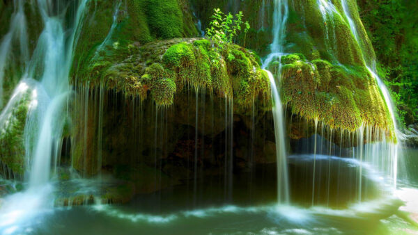 Wallpaper Rocks, Plants, Nature, Beautiful, Waterfalls, From, Green, Algae, Pouring, River, Covered