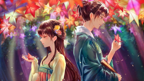 Wallpaper Standing, Couple, Background, Anime, Colorful, Flowers