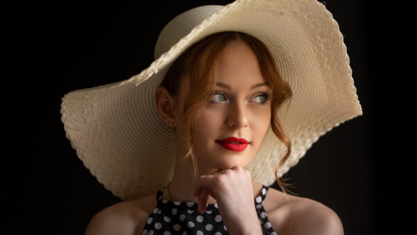 Wallpaper Girl, Beautiful, Big, Model, Dark, White, Dress, And, Black, Eyes, Girls, Ash, Hat, Standing, Dots, Background, Wearing