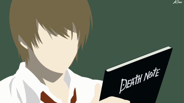 Wallpaper Wearing, Minimalist, White, Hair, Background, Book, Green, Death, Yagami, With, Note, Brown, Light, Forest, Anime, Shirt