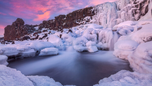 Wallpaper Waterfall, Desktop, With, National, Rock, Park, River, Sunset, Iceland, During, Winter