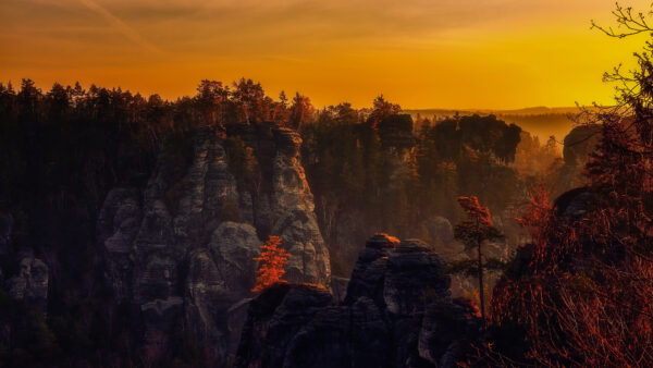 Wallpaper Nature, Mountain, Under, Rock, Sunrise, Mobile, And, Sky, Desktop, Yellow, Trees, During