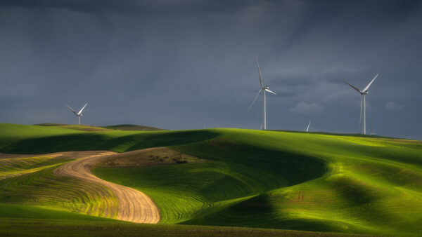 Wallpaper Turbines, Cloudy, Hills, Desktop, Sky, Nature, Wind, Green, Under, Grass