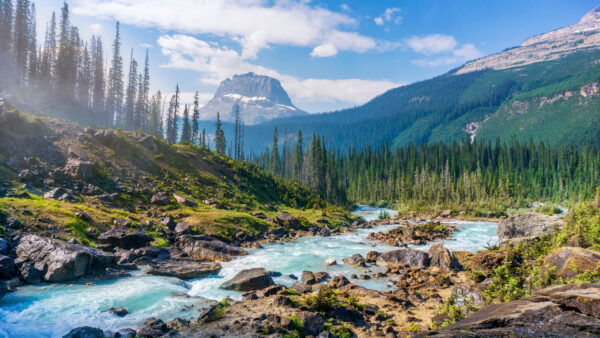 Wallpaper Mobile, Stream, Sky, White, Clouds, Desktop, Mountains, Under, Trees, Slope, Blue, Stones, Water, Nature, Green