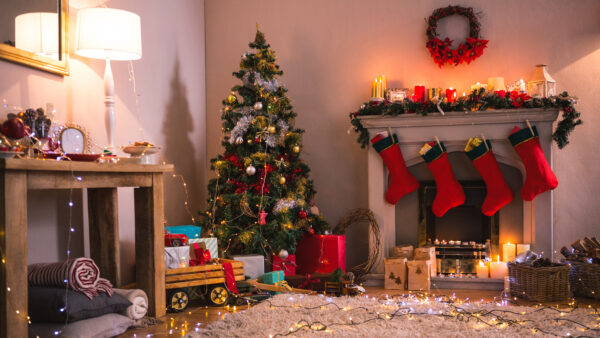Wallpaper Socks, Boxes, Tree, Christmas, Gift, Santa, Decorated, Desktop, Mobile, Claus