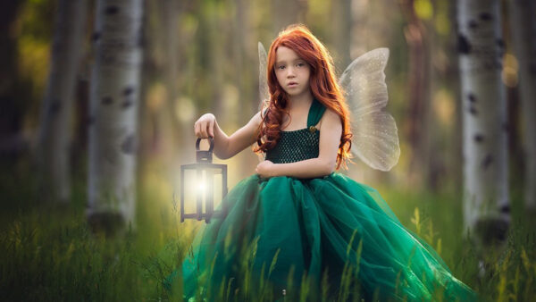 Wallpaper Trees, Girl, Background, Wings, Wearing, With, Green, Little, Cute, Standing, Dress