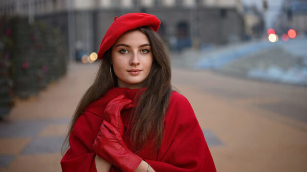 Wallpaper Gloves, Red, Model, Standing, Cap, Girl, Girls, Tanya, And, Dress, Wearing, Markova, Blur, Background