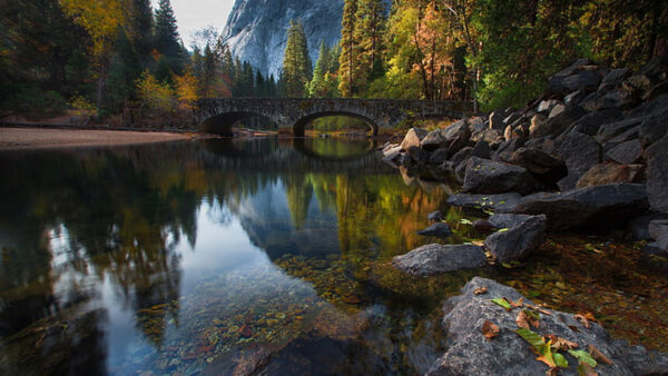 Wallpaper Landscape, Green, View, Bridge, Yellow, River, Trees, Reflection, Mountain, Nature, Autumn