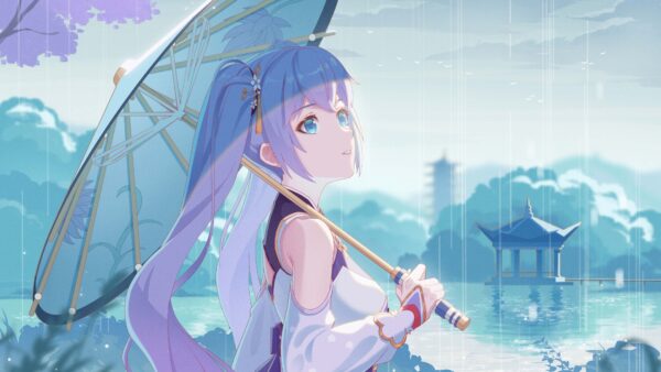Wallpaper With, Umbrella, Background, Blue, Girl, Anime, Eyes, Rain