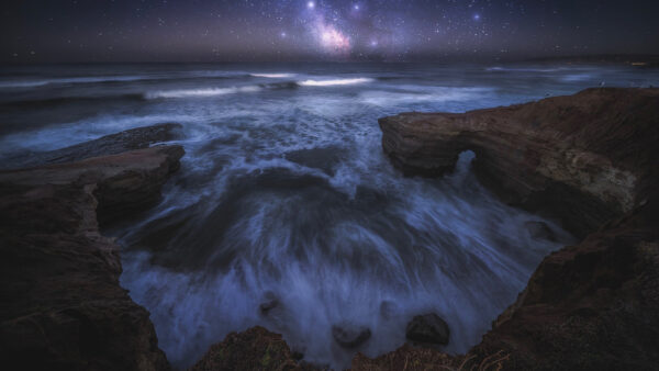 Wallpaper Nighttime, Ocean, During, Cliff, Starry, Sky, Nature, Waves, Under, Coast, Stream
