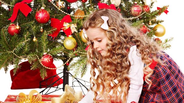Wallpaper Tree, White, Christmas, Cute, Background, Clips, And, Sitting, Head, Decorated, Girl, Little, Bowknot, Red, Wearing, Dress