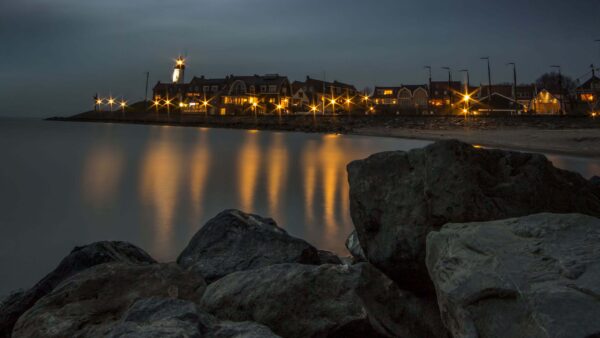 Wallpaper Lighthouse, Blue, With, Under, Sky, Stones, View, Lights, Reflection, Nature, Buildings, Ocean, House, Landscape