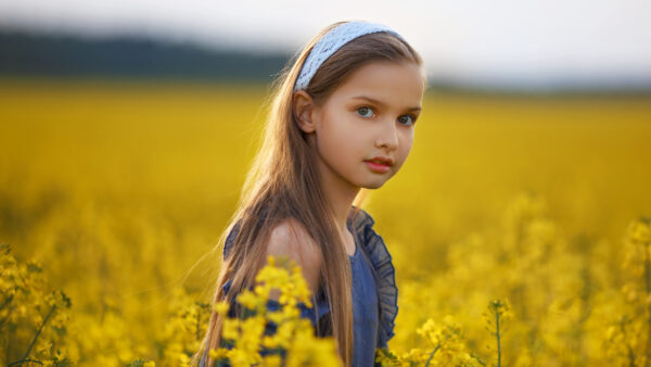 Wallpaper Yellow, Blue, Cute, Little, Girl, Field, Sitting, Flowers, Frock, Wearing