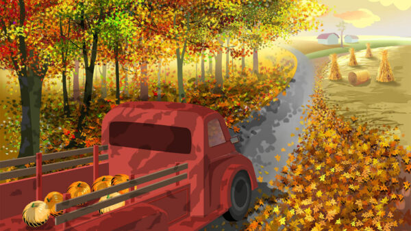 Wallpaper Desktop, Road, Truck, With, Pumpkins, Thanksgiving