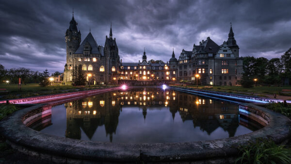 Wallpaper Travel, Reflection, Poland, Moszna, Water, Castle, With, Night, HDR