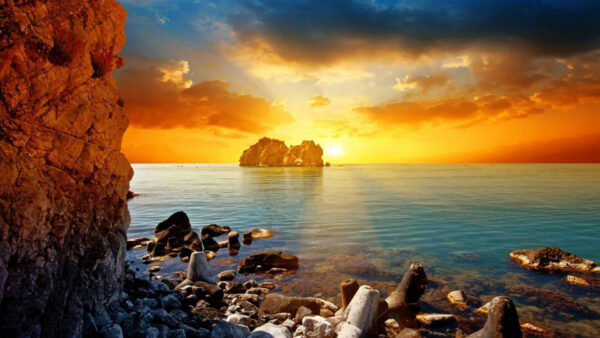 Wallpaper Under, Yellow, Sea, Rocks, Desktop, Sky, Sunset, And, Cloudy, With