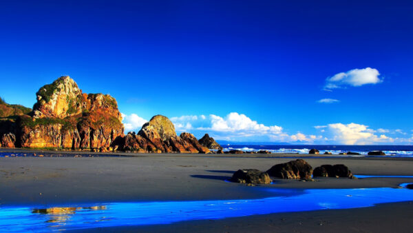 Wallpaper Blue, Nature, Stones, Landscape, Rocks, Beach, Background, Sky, Waves, Black, Ocean, View, Sand