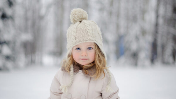 Wallpaper Knitted, Blue, Eyes, Wearing, Cap, Woolen, Blur, Snow, Overcoat, And, Cute, Girl, Field, Background, White, Little