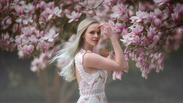 Wallpaper Background, White, Standing, Girl, Model, Tree, Wearing, Flowers, Girls, Pink, Dress