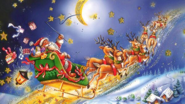 Wallpaper Santa, Gifts, Deer, Sled, Village, Claus, Moon