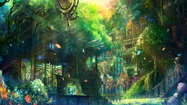 Wallpaper Anime, Sunrays, House, Girl, Green, Plants, Trees, Background, Buildings