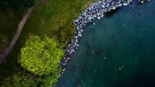 Wallpaper Stones, View, Shore, Trees, Field, Lake, Grass, Aerial, Bushes, Nature, Road