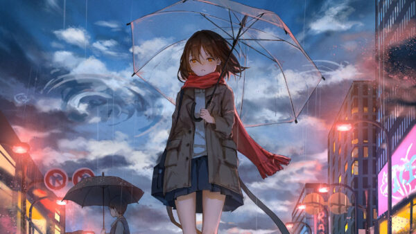 Wallpaper With, Girl, Scarf, Under, Umbrella, Anime, Red