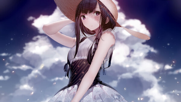 Wallpaper With, Girl, White, Dress, Anime, Sky, Hat, Background