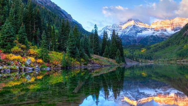 Wallpaper Reflection, Lake, Mountains, Green, Beautiful, Scenery, Snow, Trees, Nature