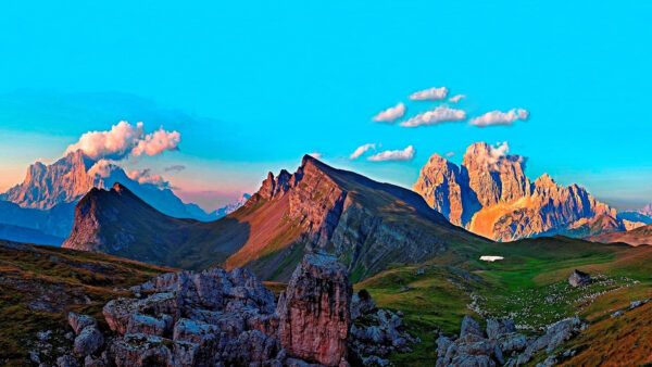 Wallpaper Grass, Landscape, Background, Rocks, Stone, View, Clouds, Green, Field, Sky, Blue, White, Mountain, Nature