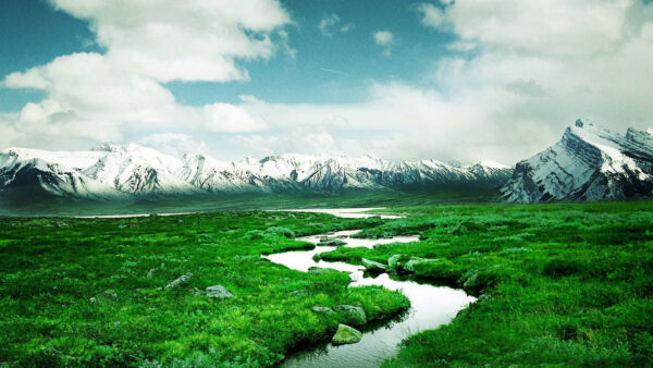 Wallpaper Cloudy, Snow, View, Under, Between, Sky, River, Covered, Land, Grass, And, Nature, Landscape, Mountains